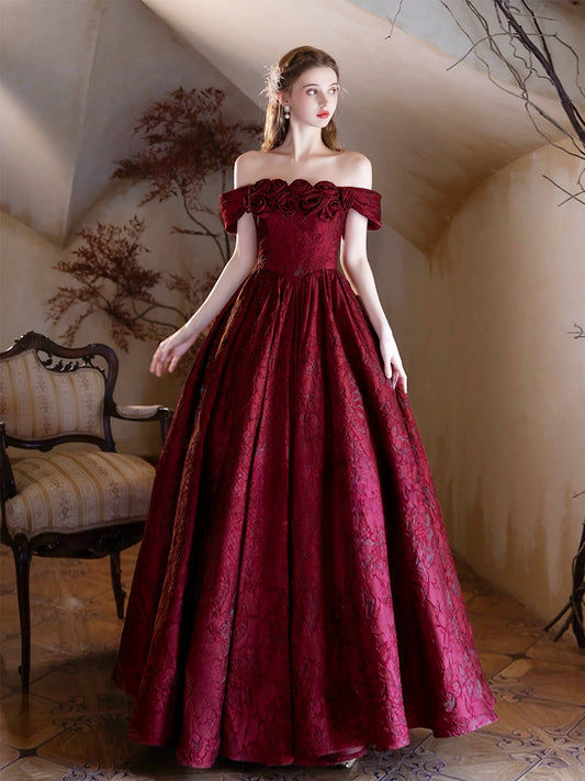 A-Line Off Shoulder Printed Satin Burgundy Long Prom Dress, Burgundy Long Formal Dress