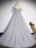 A-Line Off Shoulder Tulle Long Gray Prom Dress, Gray Formal Dresses
