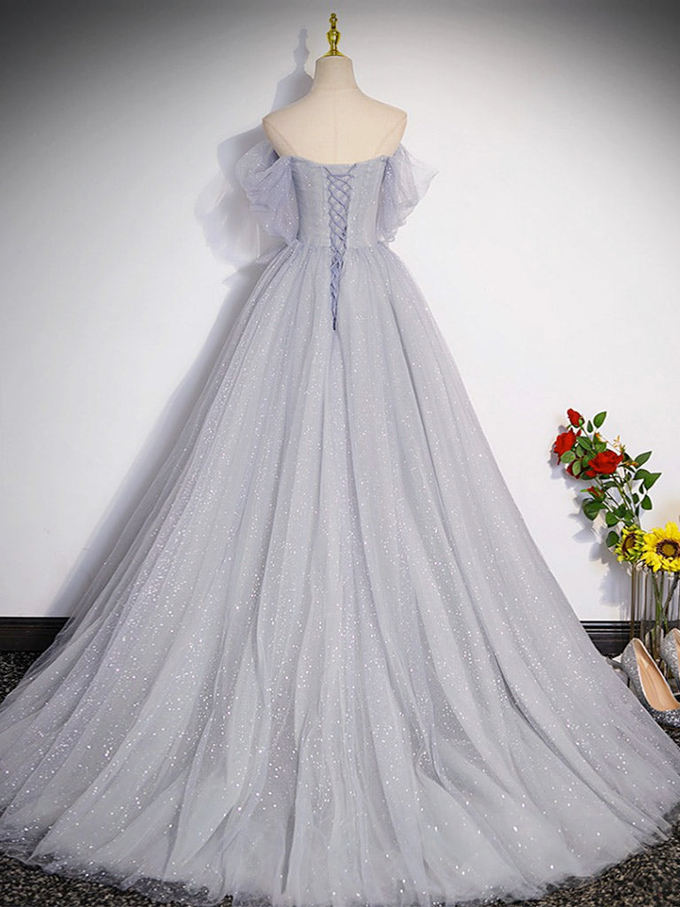 A-Line Off Shoulder Tulle Long Gray Prom Dress, Gray Formal Dresses