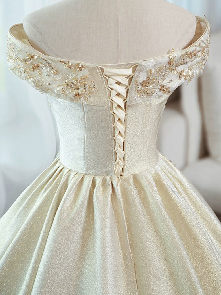 A-Line Satin Lace Off Shoulder Champagne Long Prom Dress