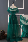 Green tulle lace long prom dress, green lace bridesmaid dress