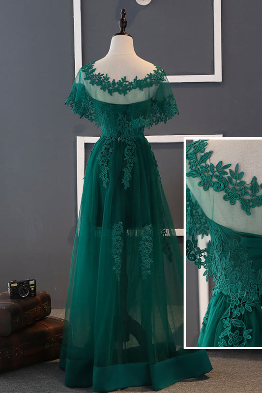 Green tulle lace long prom dress, green lace bridesmaid dress