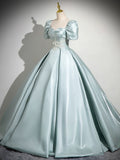 A-Line Sweetheart Neck Puff Sleeves Satin Blue Long Prom Dress, Blue Long Formal Dress