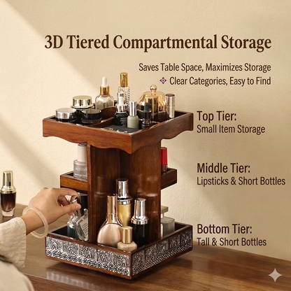 Artisan Solid Wood Rotating Vanity Organizer | Hand-Carved Elephant Metal Detail