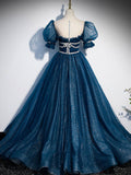Blue tulle sequin long prom dress, blue tulle formal dress