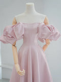 A-Line Puff Sleeves Satin Pink Long Prom Dress, Pink Long Formal Dress