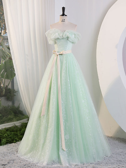 A-Line  Off Shoulder Green Long Prom Dress, Green Sweet 16 Dress