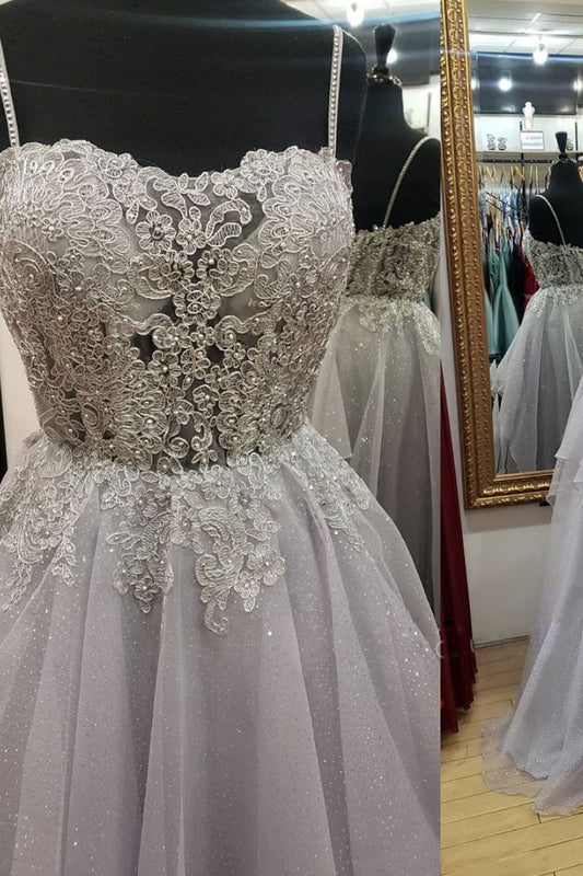 Gray sweetheart tulle lace long prom dress tulle formal dress