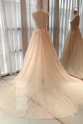 Champagne A-line v neck tulle long prom dress tulle formal dress