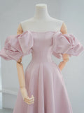 A-Line Puff Sleeves Satin Pink Long Prom Dress, Pink Long Formal Dress