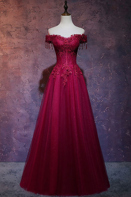 Burgundy off shoulder lace long prom dress burgundy evening dress