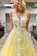 Yellow v neck tulle lace long prom dress yellow formal dress
