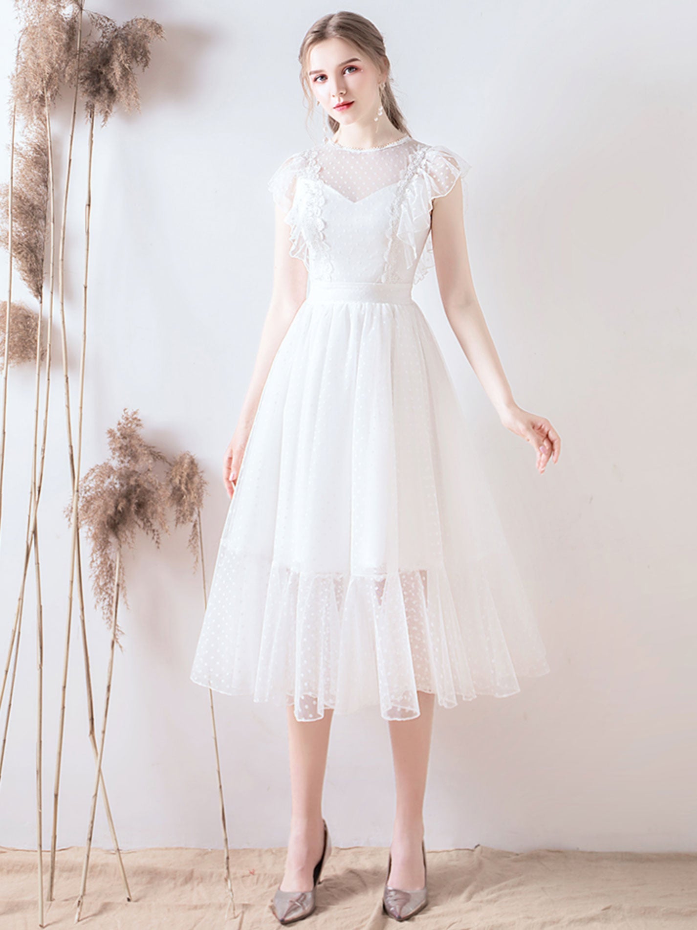 White round neck tulle lace short prom dress, lace bridesmaid dress
