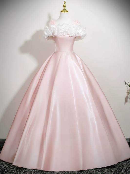 A-Line Off Shoulder Satin Pink Long Prom Dress, Pink Long Formal Dress