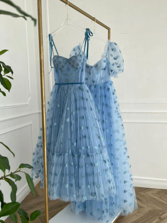 Blue sweetheart neck tulle prom dress, blue tulle formal dress