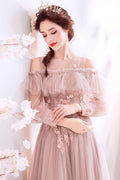 Pink round neck tulle lace long prom dress tulle lace evening dress