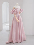 A-Line Puff Sleeves Satin Pink Long Prom Dress, Pink Long Formal Dress