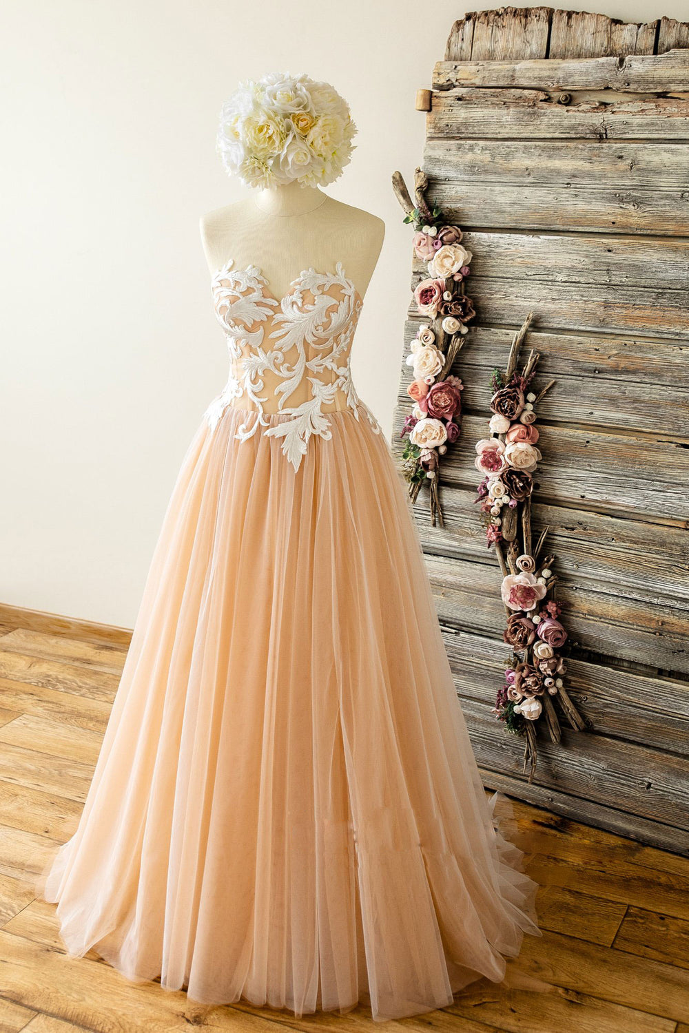 Champagne tulle sweetheart lace long prom dress tulle formal dress