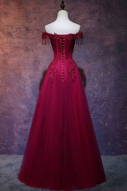 Burgundy off shoulder lace long prom dress burgundy evening dress
