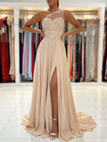 Champagne chiffon lace one shoulder long prom dress, lace evening dress