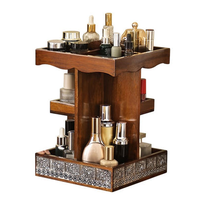 Artisan Solid Wood Rotating Vanity Organizer | Hand-Carved Elephant Metal Detail