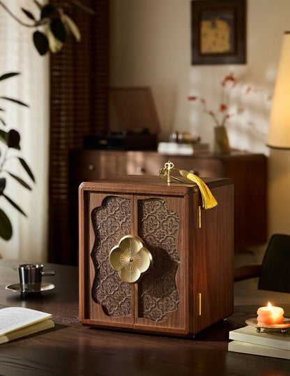 Handcrafted Walnut Jewelry Cabinet with Floral Lock