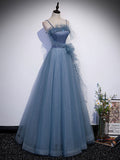Gray blue tulle long prom dress, gray blue A line evening dress