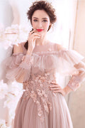 Pink round neck tulle lace long prom dress tulle lace evening dress