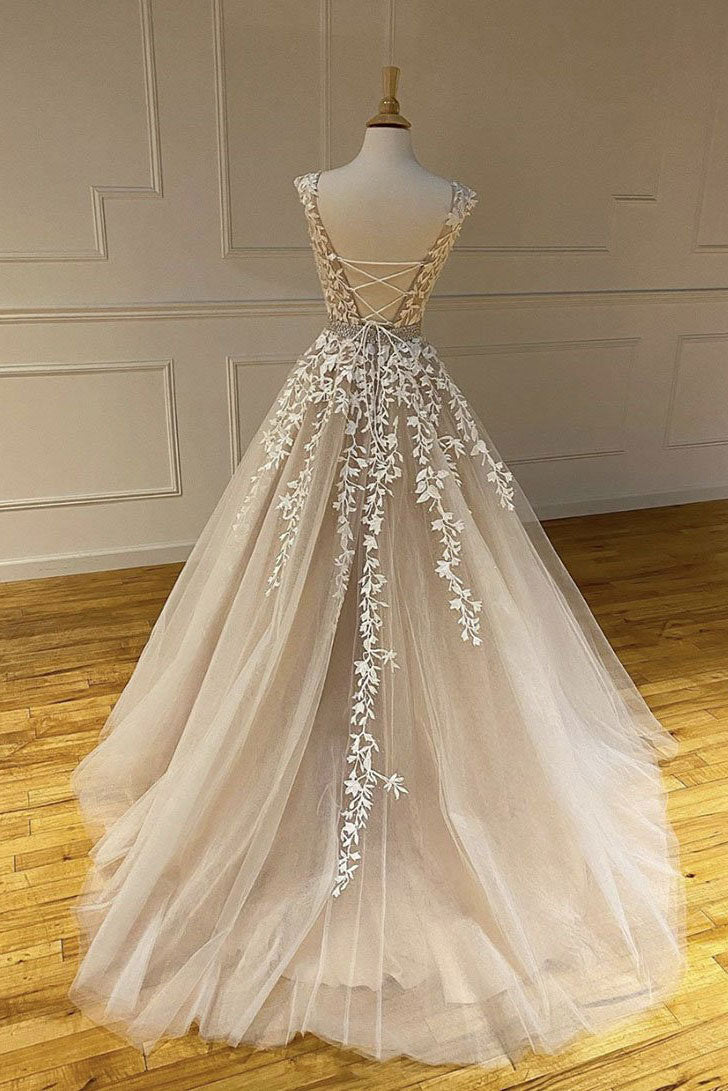Champagne round neck tulle lace long prom dress lace formal dress