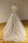 Champagne round neck tulle lace long prom dress lace formal dress