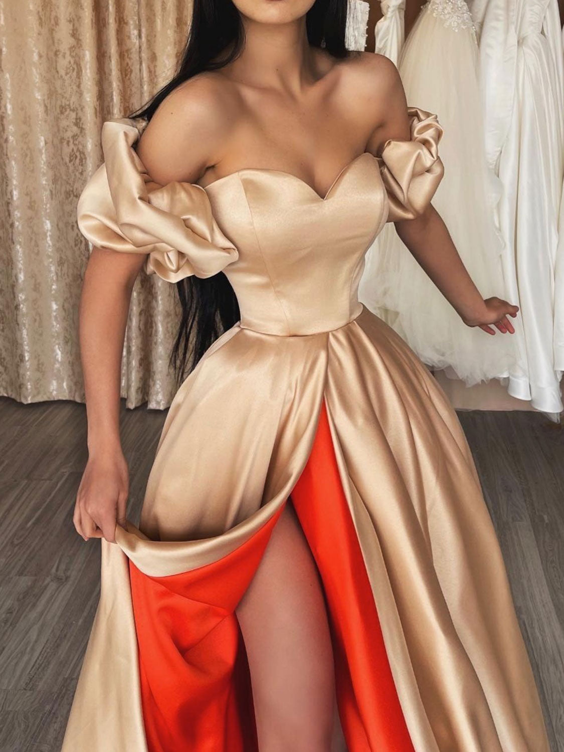 Champagne sweetheart neck satin long prom dress, unique evening dress