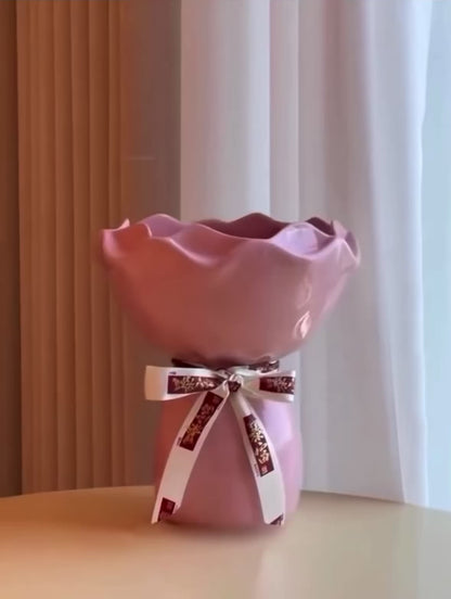 Blush Bouquet Ceramic Vase – Handcrafted Ruffled Decorative Flower Pot with Silver Ribbon