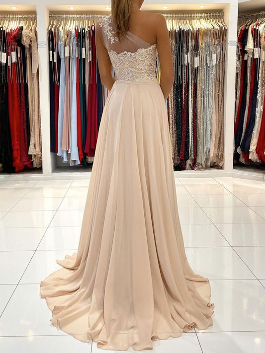 Champagne chiffon lace one shoulder long prom dress, lace evening dress