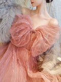 Pink tulle sequin long prom dress, pink tulle formal dress