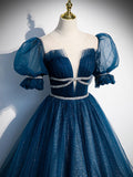 Blue tulle sequin long prom dress, blue tulle formal dress