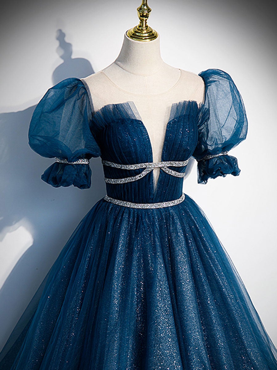 Blue tulle sequin long prom dress, blue tulle formal dress