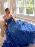 Blue round neck tulle lace long prom dress, blue lace evening dress