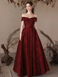 A-Line Off Shoulder Satin Burgundy Long Prom Dress, Burgundy Long Evening Dress