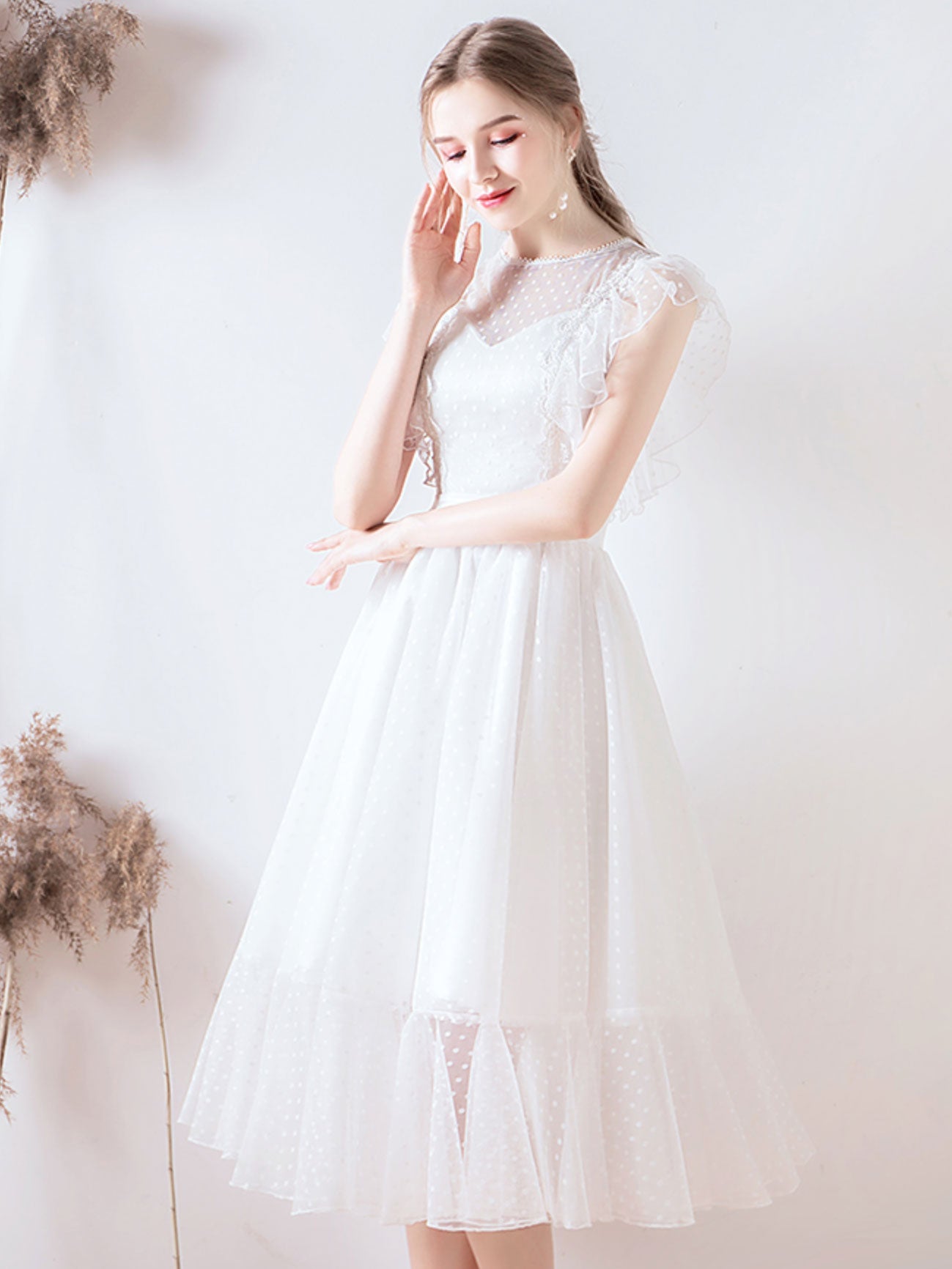 White round neck tulle lace short prom dress, lace bridesmaid dress