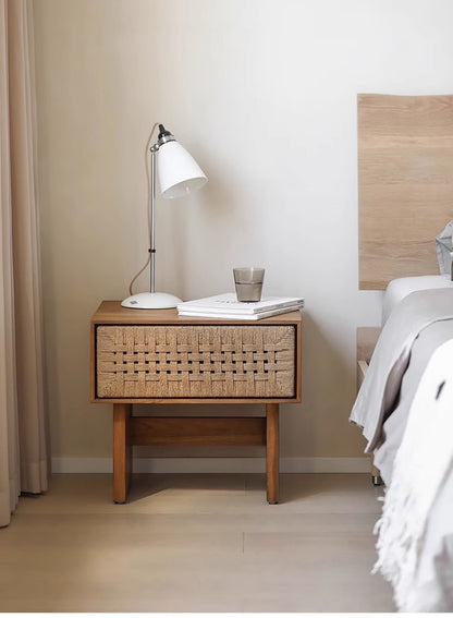 Handwoven Rope Front Wooden Nightstand – Mid-Century Natural Solid Wood Bedside Table