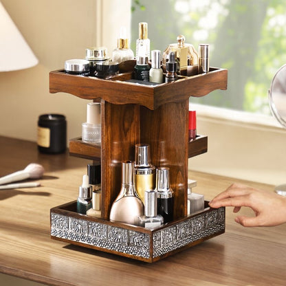 Artisan Solid Wood Rotating Vanity Organizer | Hand-Carved Elephant Metal Detail