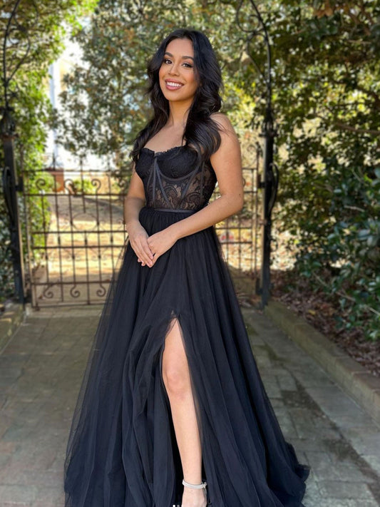 A-Line Lace Tulle Black Long Prom Dress
