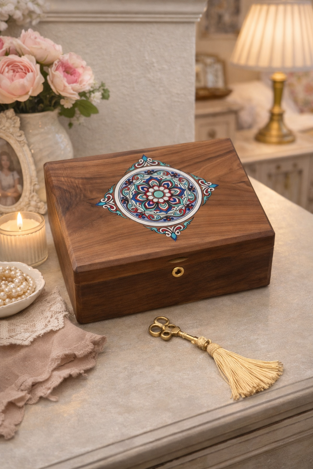 Walnut Jewelry Box with Pull-Out Tray – Elegant Wooden Jewelry Organizer with Necklace Hooks