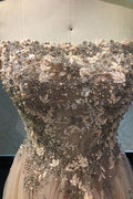Champagne lace applique tulle long prom dress, champagne evening dress