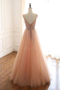 Champagne tulle beads sequin long prom dress, evening dress