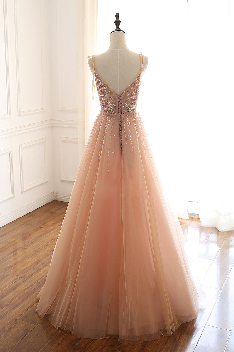 Champagne tulle beads sequin long prom dress, evening dress