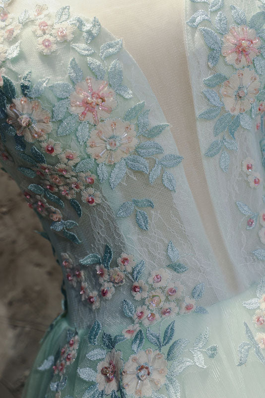 Unique light green tulle lace long prom dress, sweet 16 dress