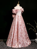 A-Line Off Shoulder Printed Satin Pink Long Prom Dress, Printed Satin Long Formal Dress