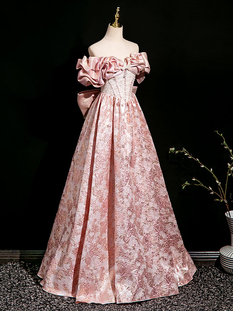 A-Line Off Shoulder Printed Satin Pink Long Prom Dress, Printed Satin Long Formal Dress