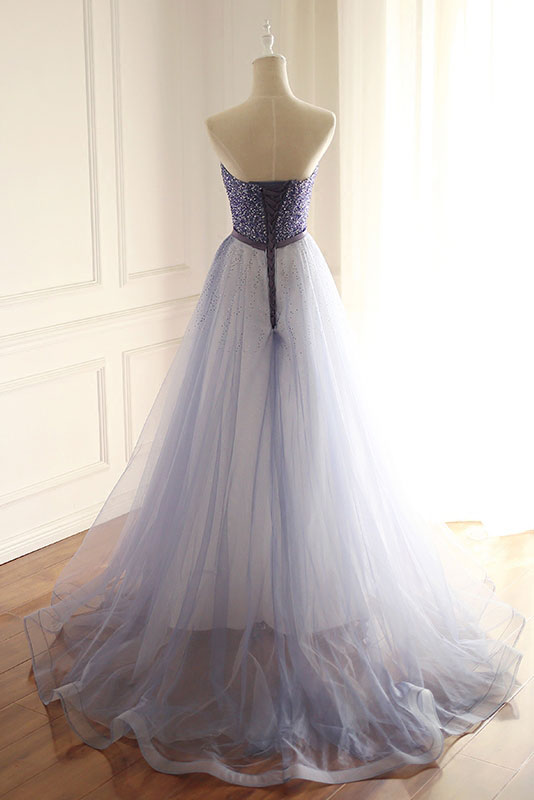 Blue sweetheart tulle beads long prom dress, blue evening dress